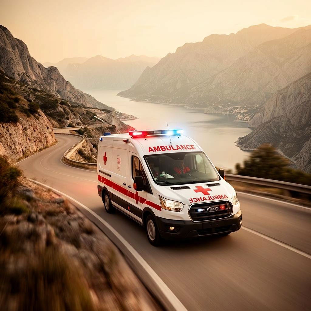 TMASI ambulance responding on a Montenegro mountain serpentine road